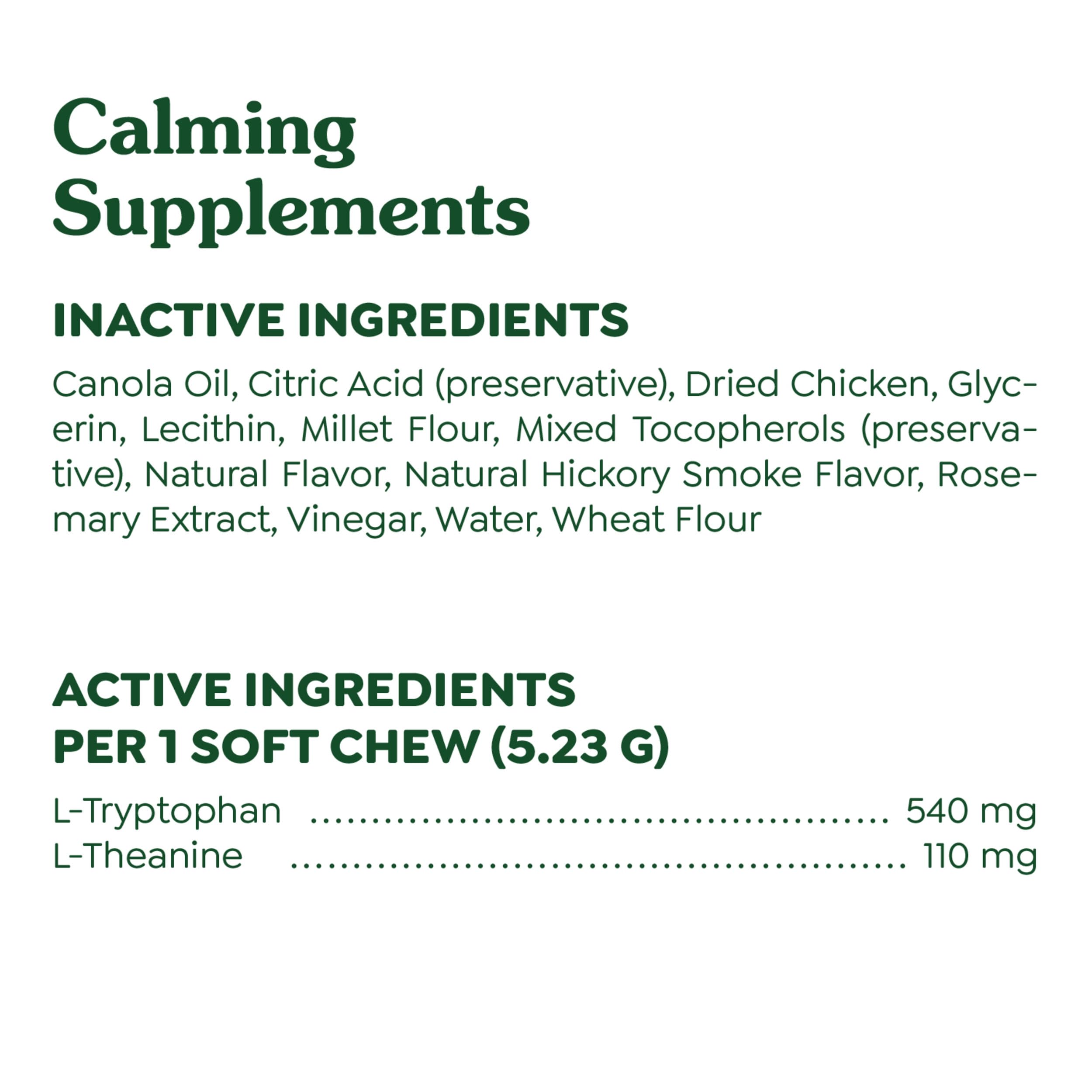 Greenies calming chews ingredients list shown with natural, no artificial flavors.