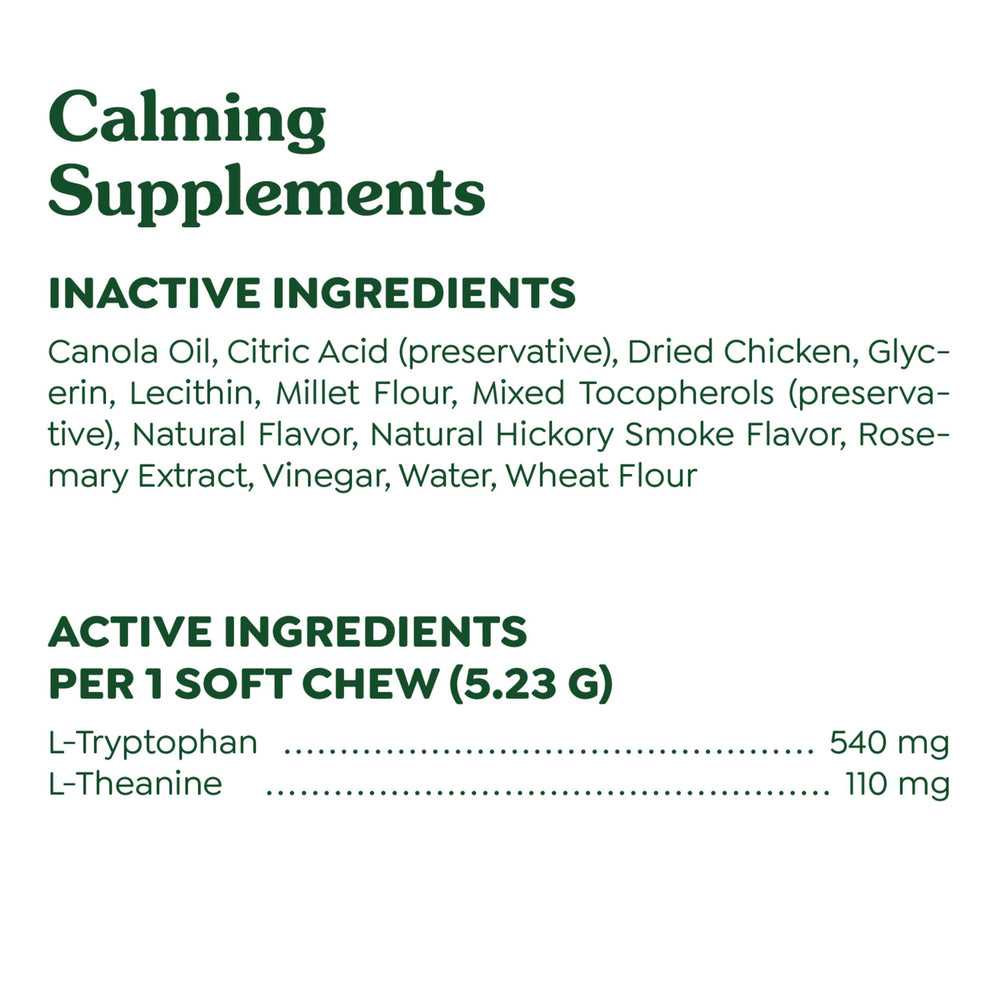 Greenies calming chews ingredients list shown with natural, no artificial flavors.
