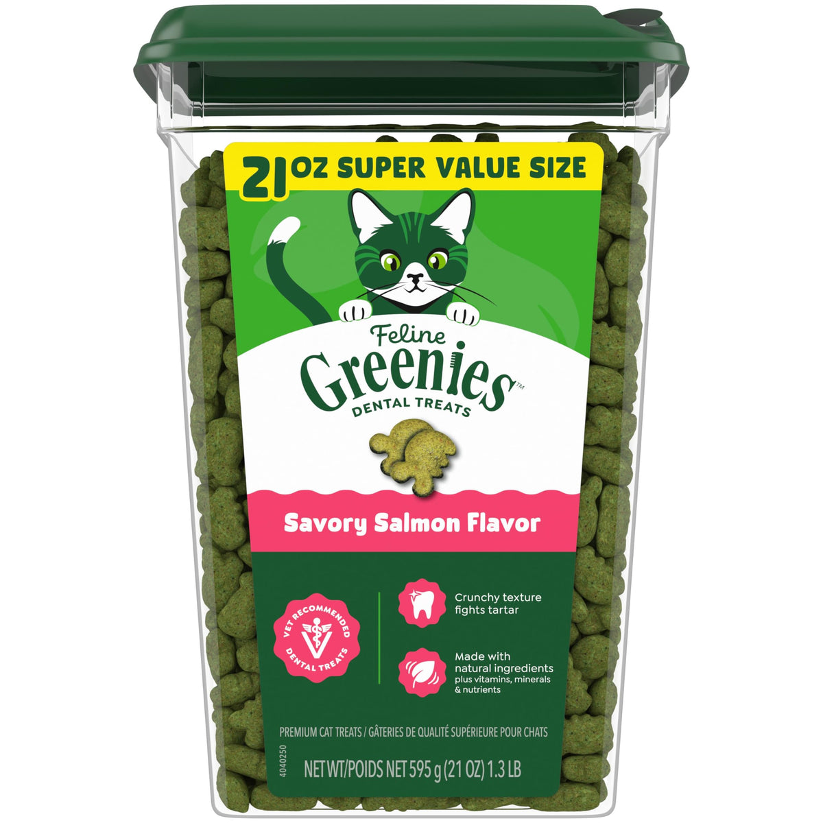 Greenies cat treats salmon tub close-up highlighting savory flavor appealing to finicky cats.