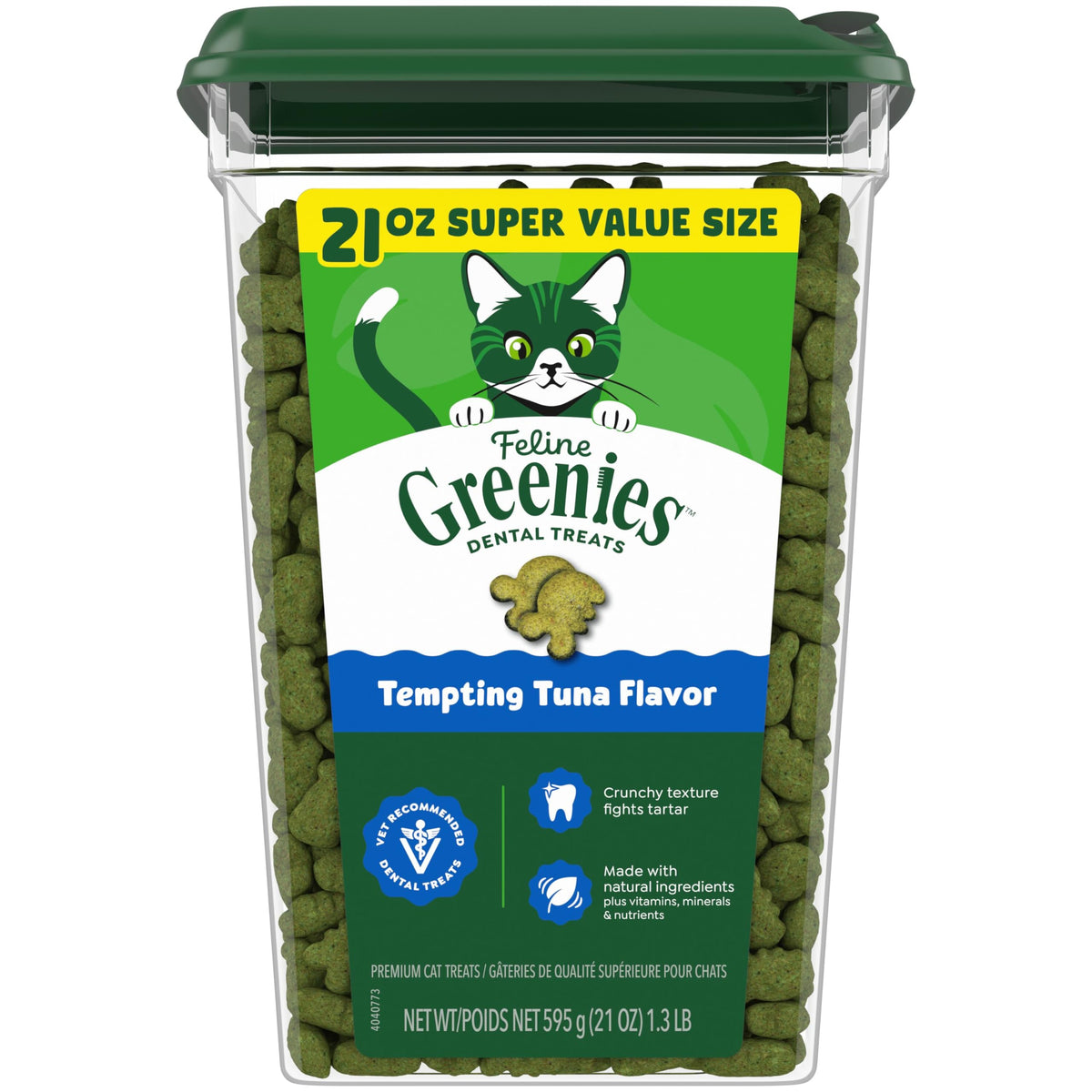 Greenies tuna-flavor cat treats in a 21 oz tub support daily dental care.