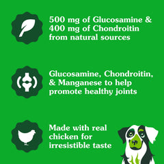 Greenies chicken-flavor soft chews shown as tasty daily supplement for dogs.