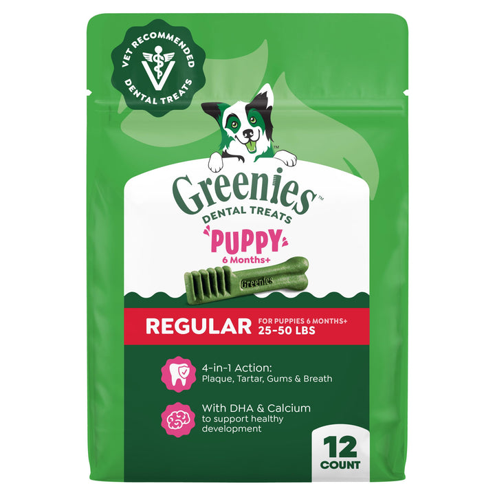 Greenies dental puppy treat design showcasing a unique cleaning shape for healthier gums.
