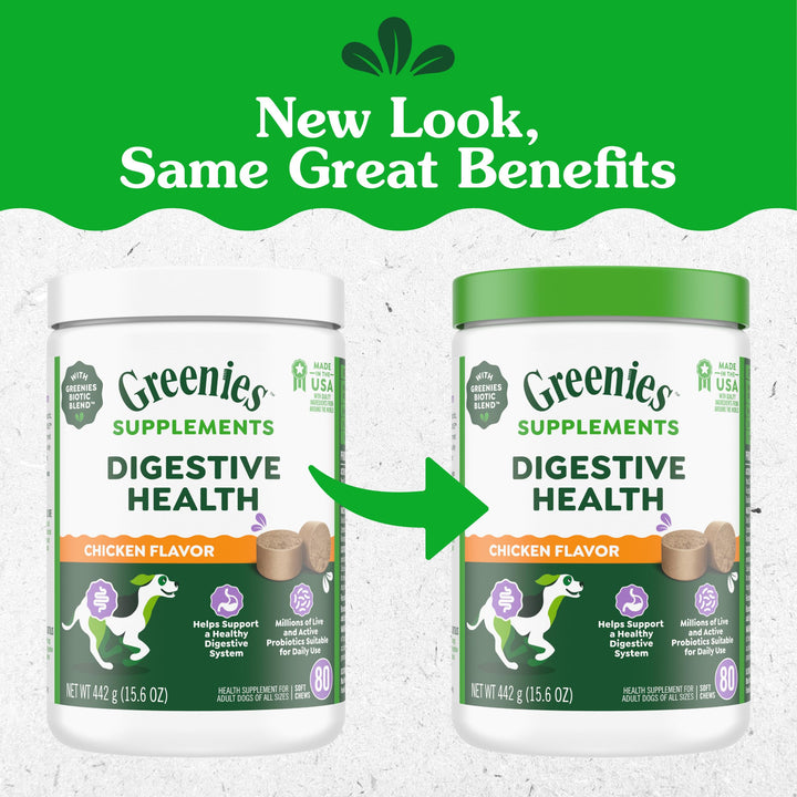Greenies Digestive Health chews pouring into dog bowl during daily routine.