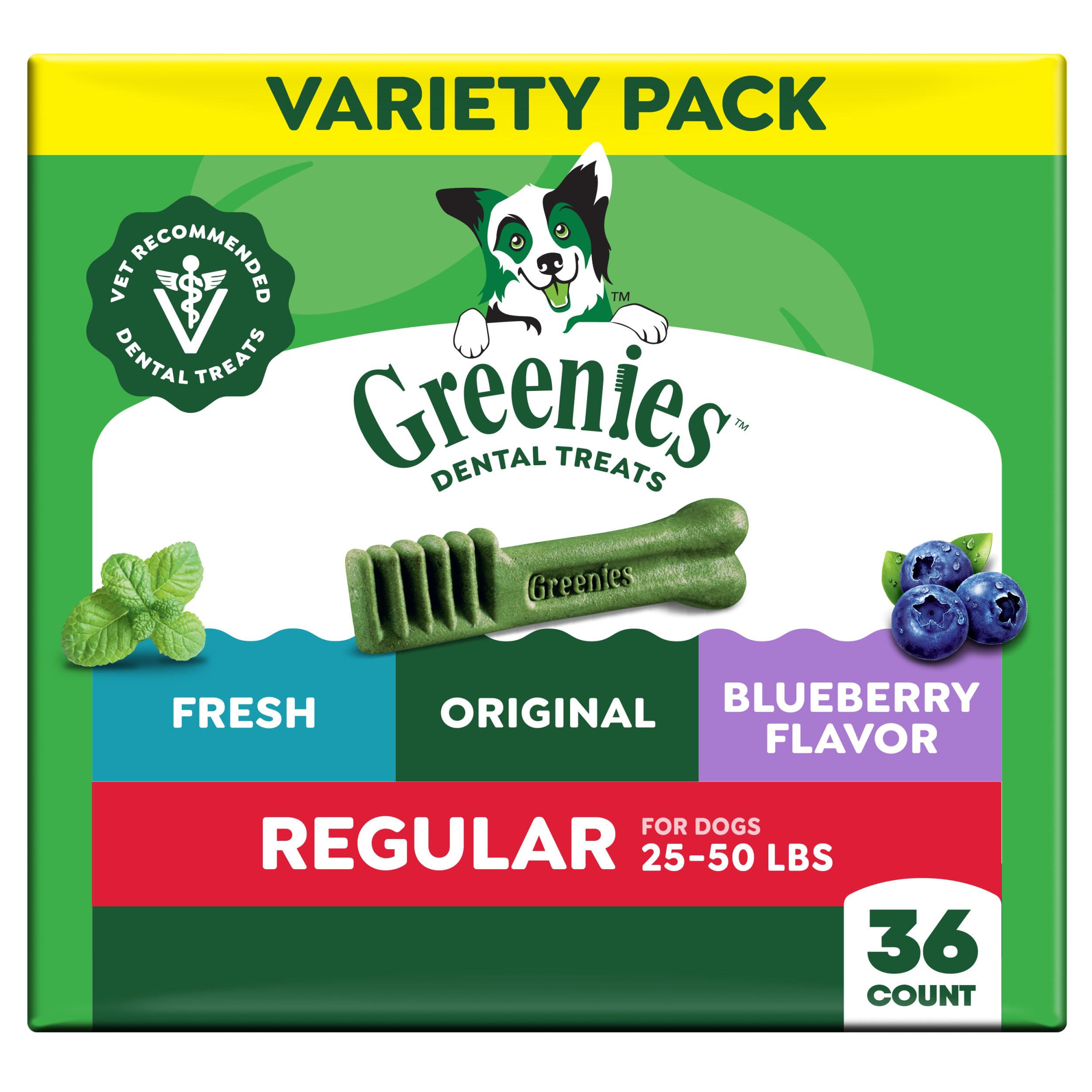 Greenies Original Flavor dental treats packaging highlights a vet-recommended option
