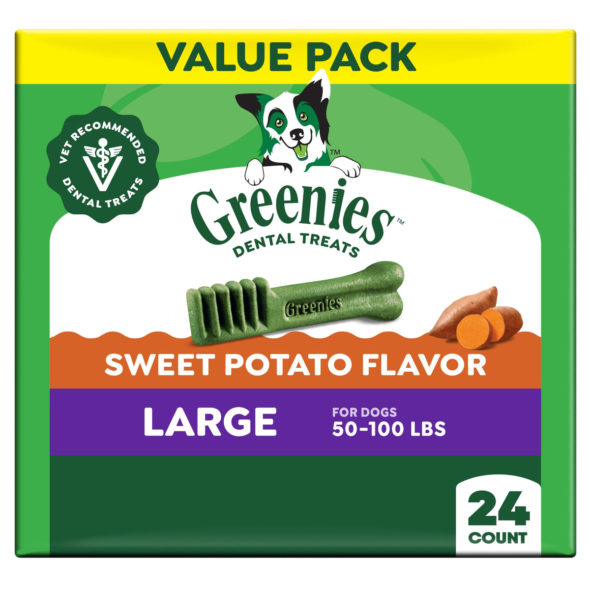Greenies large-size package front shows 36 oz pack for daily dental care.