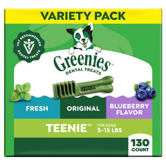 Greenies teenie variety pack front view for small dogs promotes fresher breath