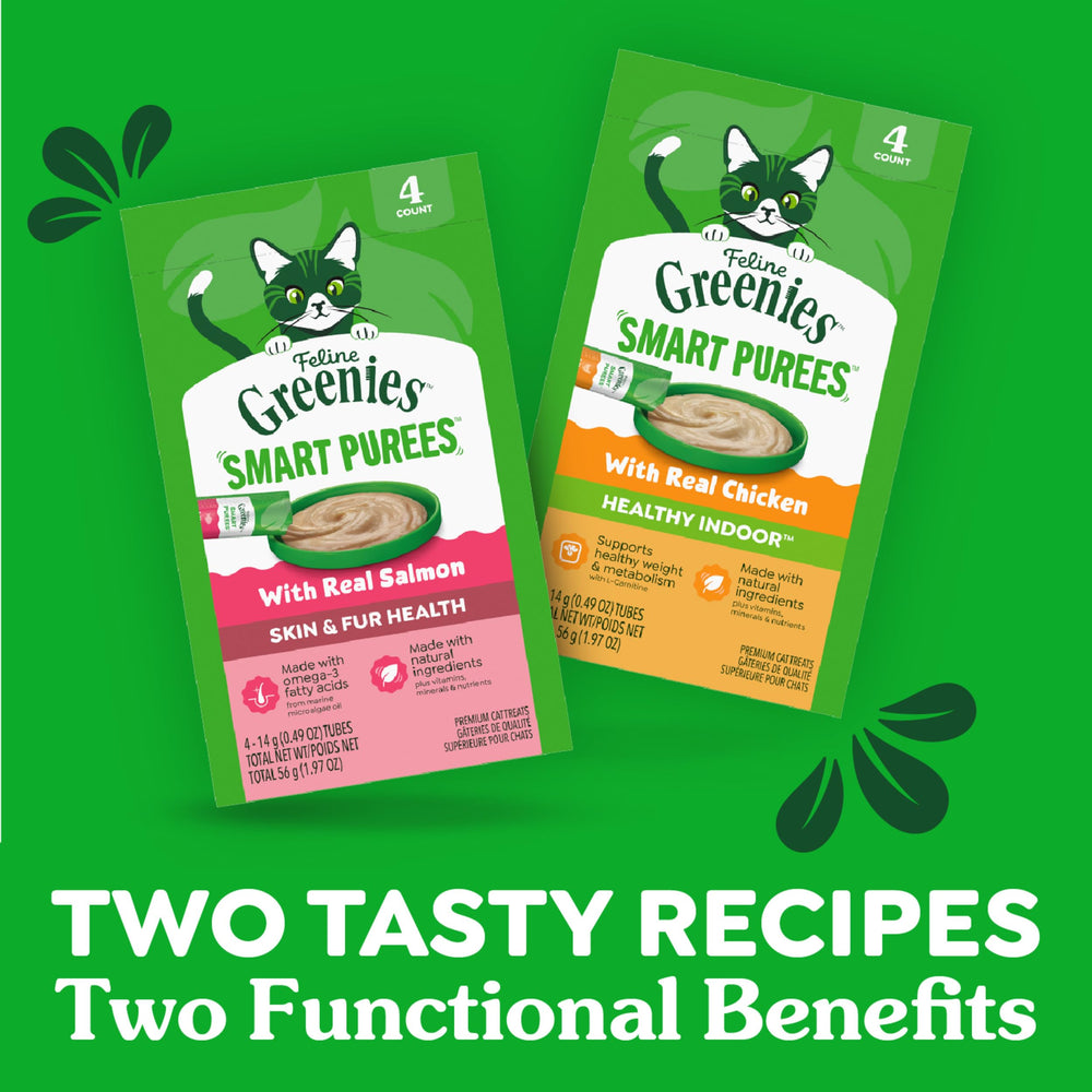 Greenies Feline Smart Purees meal toppers add variety.