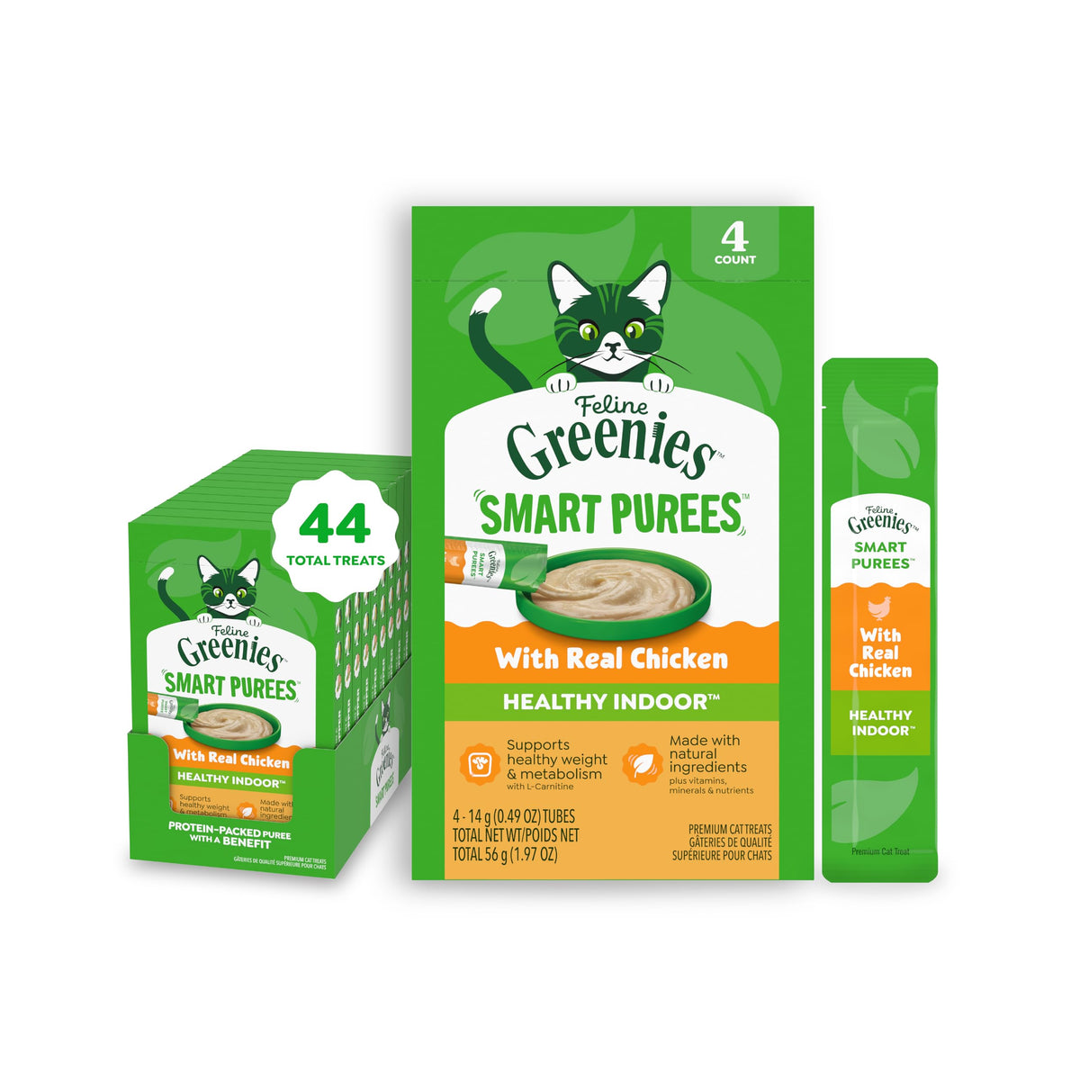 Greenies Feline Smart Purees real chicken tube for a protein rich treat.