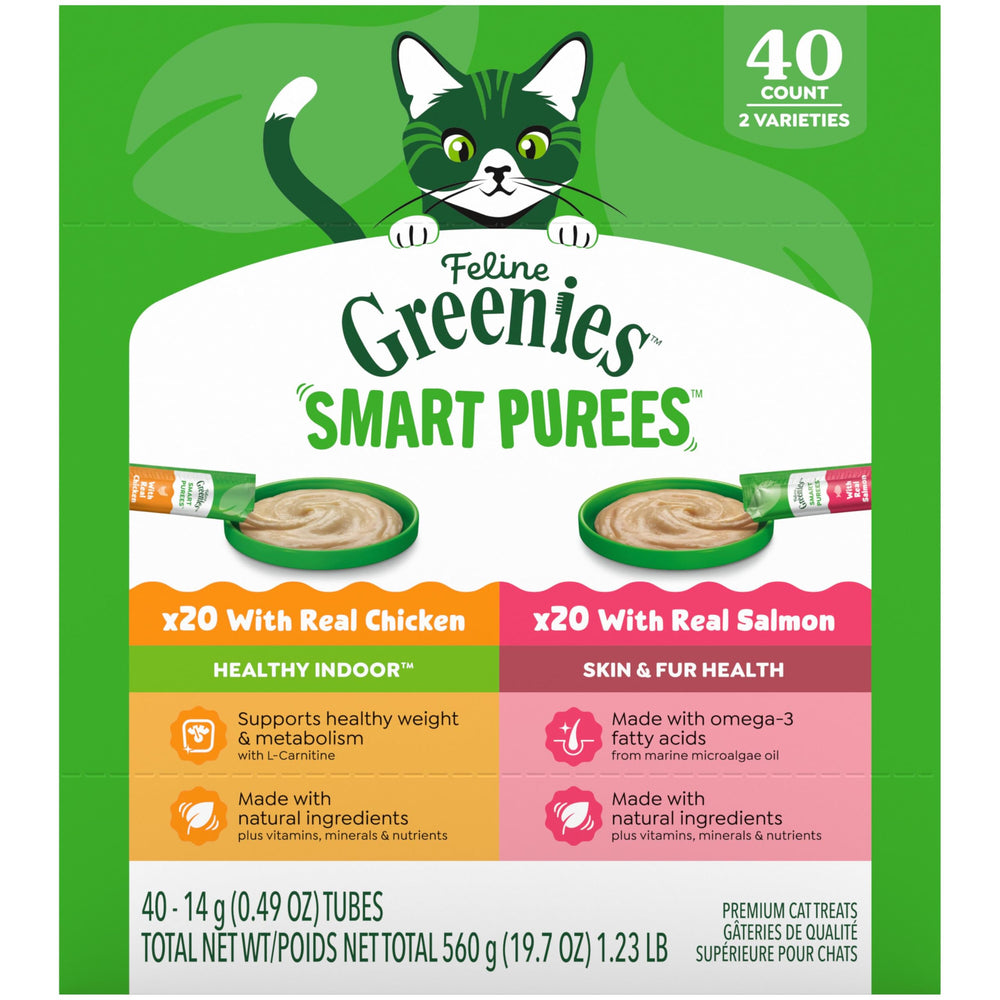 Greenies Feline Smart Purees real chicken tube for protein-rich cat treats.