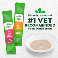 Greenies Feline Smart Purees real salmon tube for omega-3 hydration and coat health.