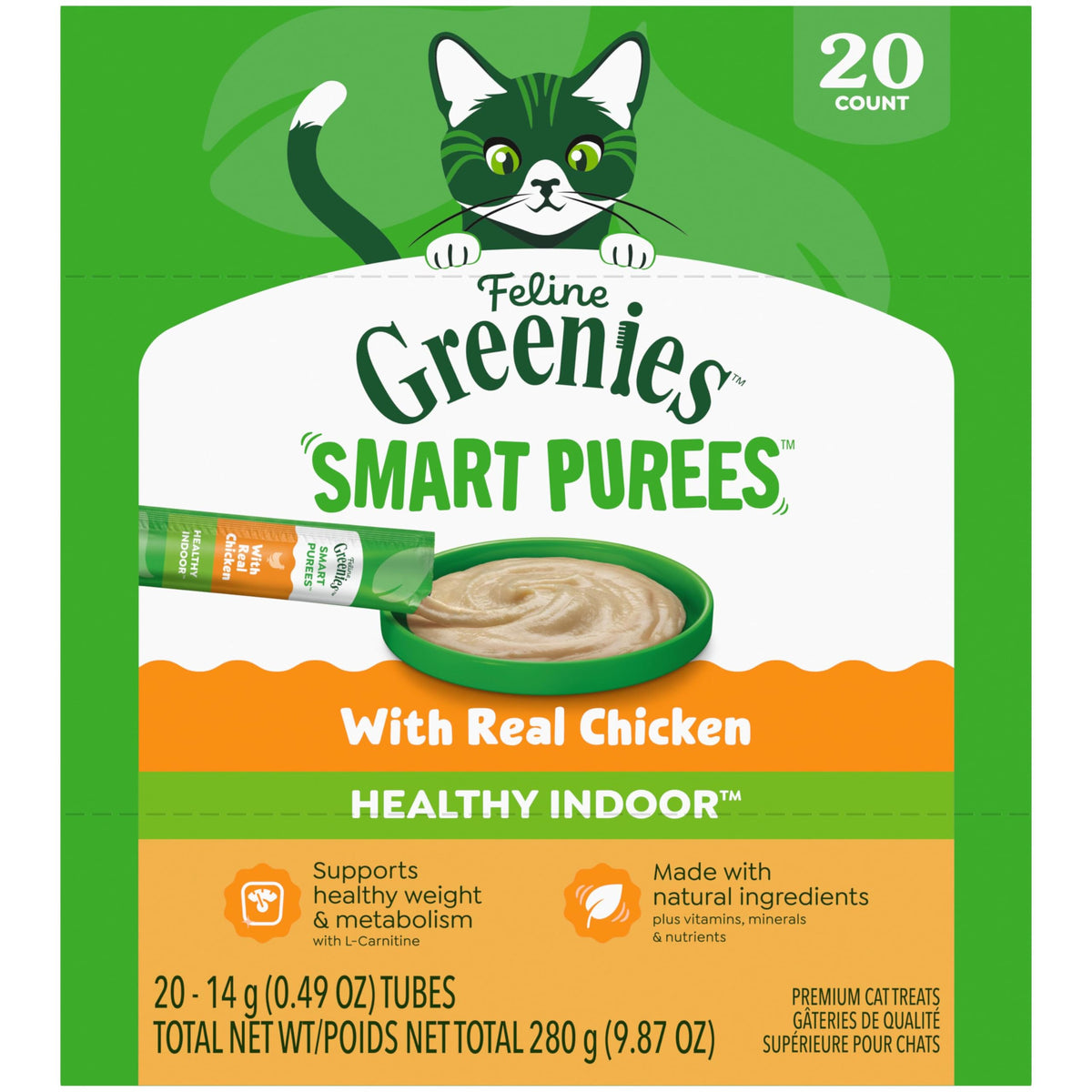 Greenies Feline Smart Purees indoor treat tubes for cats with real chicken flavor.