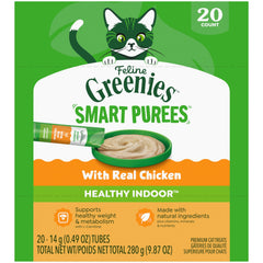 Greenies Feline Smart Purees indoor treat tubes for cats with real chicken flavor.