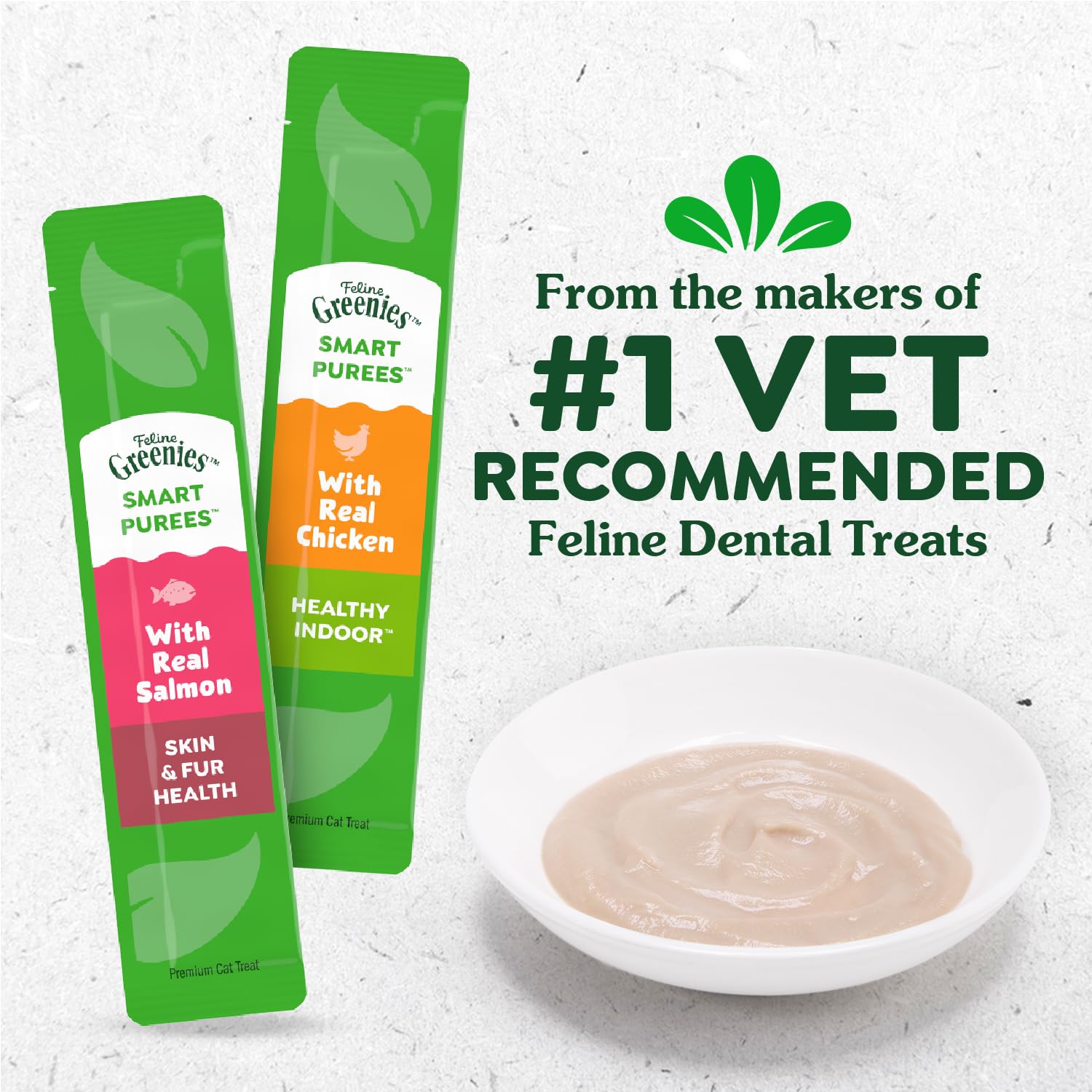 Greenies Feline Smart Purees real chicken ingredients provide protein-rich nourishment for muscles.