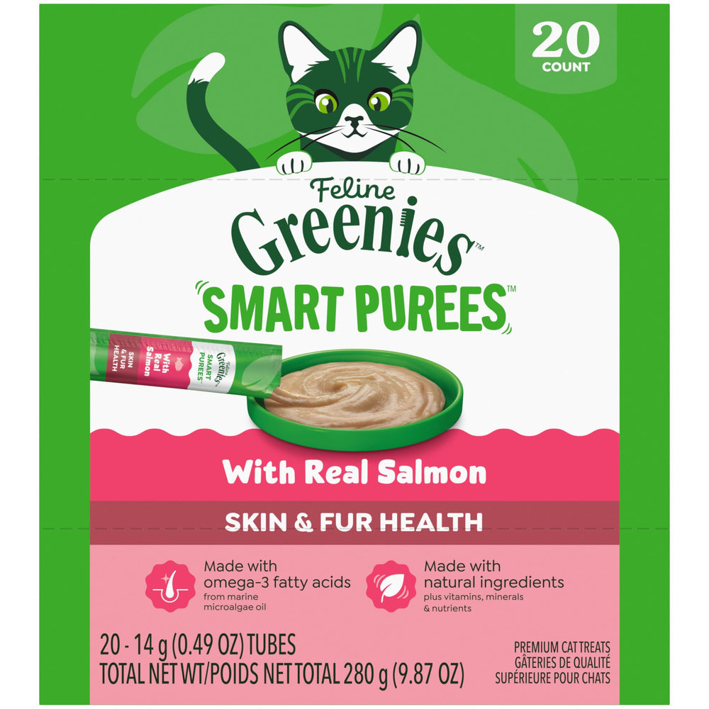 Greenies Feline Smart Purees tube closeup with real salmon for skin and fur health hydration