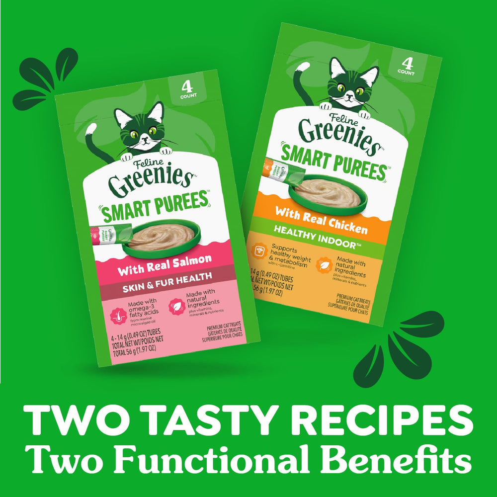 Greenies Feline Smart Purees weight-management support through L-Carnitine for indoor cats.