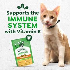 Kitten sniffing Greenies Smartbites indoors during training session