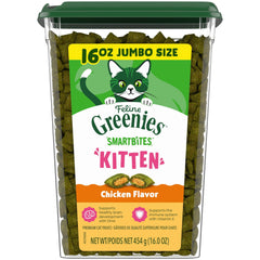 Greenies Feline Smartbites kitten treats front view tub, ideal for daily kitten rewards
