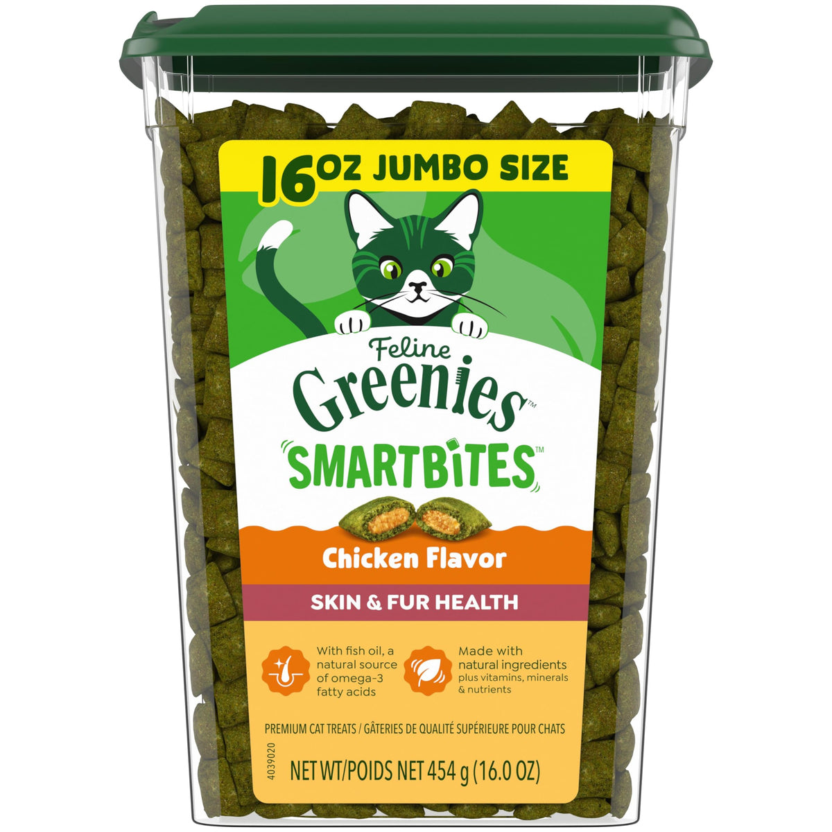 Greenies Feline Smartbites pack highlighting skin and fur support for healthy coat.