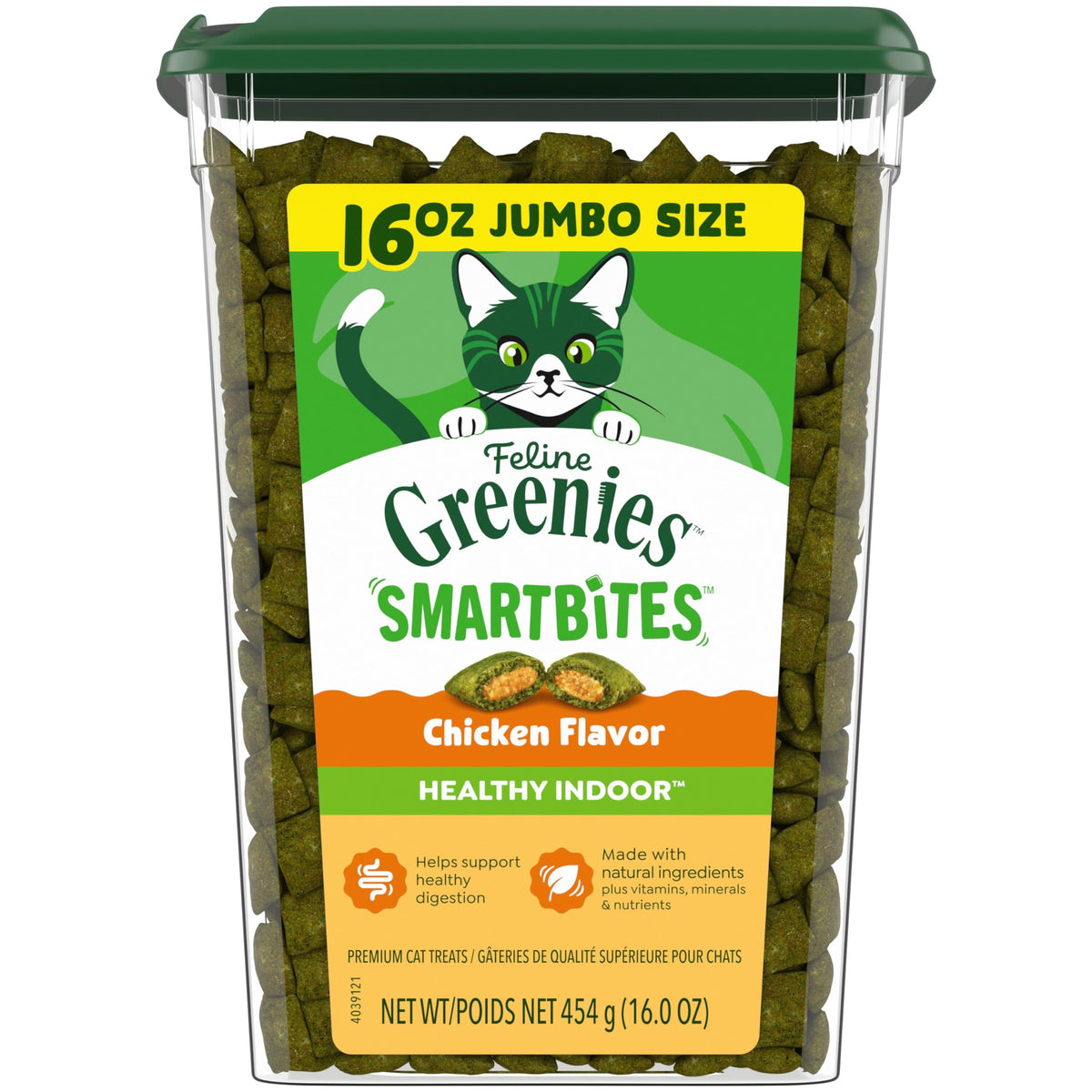 Greenies Feline Smartbites tub front showing chicken-flavor indoor cat treats for reward
