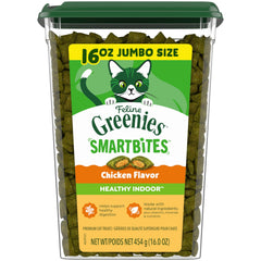 Greenies Feline Smartbites tub front showing chicken-flavor indoor cat treats for reward