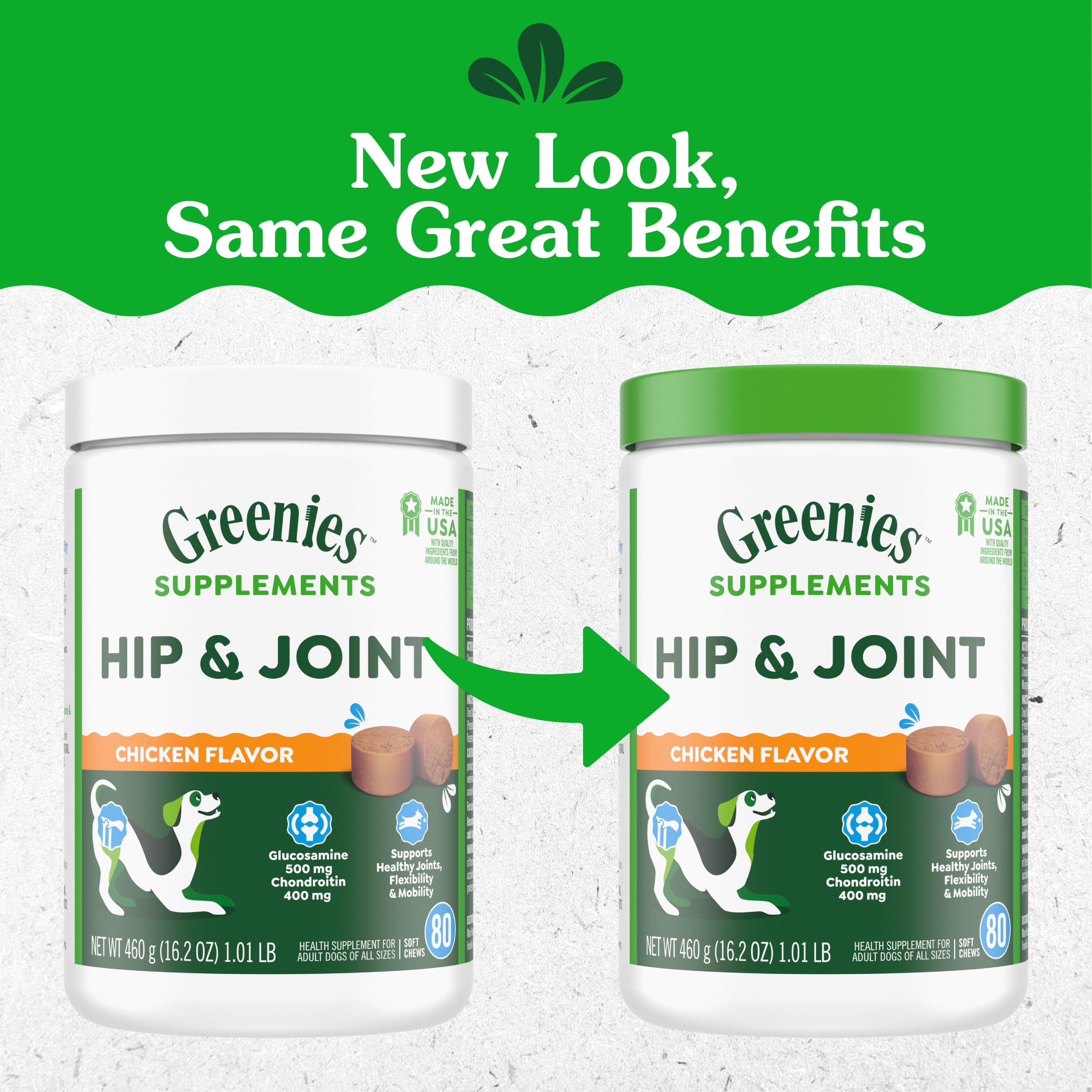 Greenies glucosamine and chondroitin dog supplement with real chicken flavor.