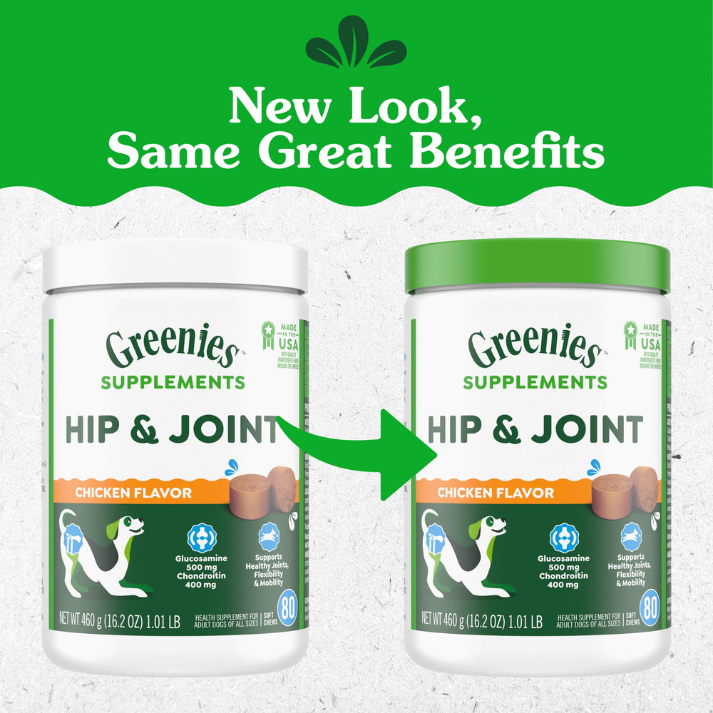 Greenies glucosamine and chondroitin dog supplement with real chicken flavor.