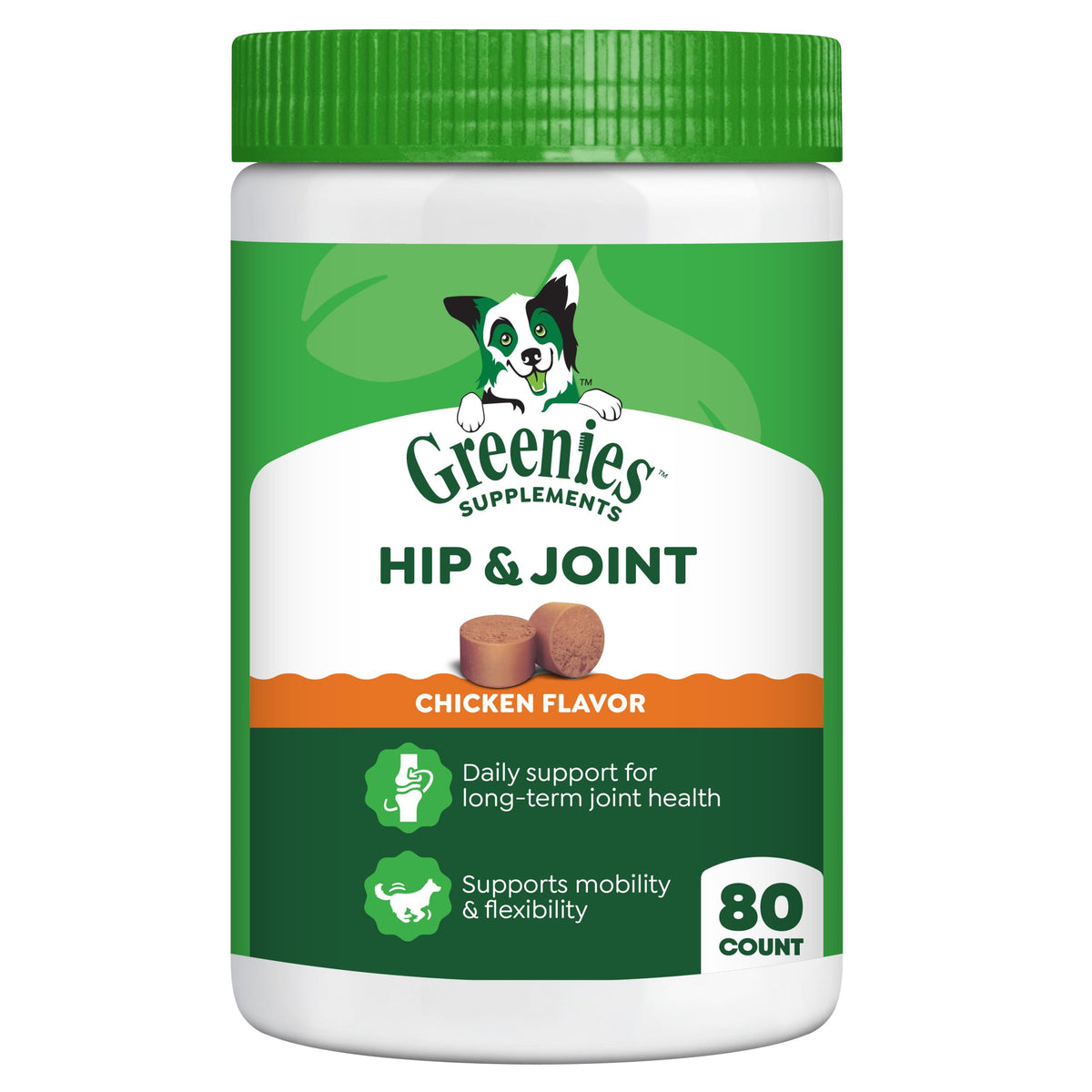Greenies hip and joint soft chews support joints and mobility in dogs.