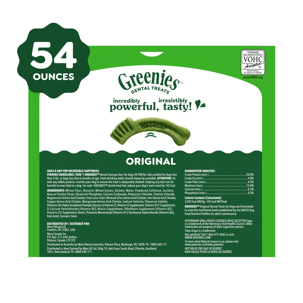 Greenies large-dog chews original flavor may help reduce tartar and plaque.
