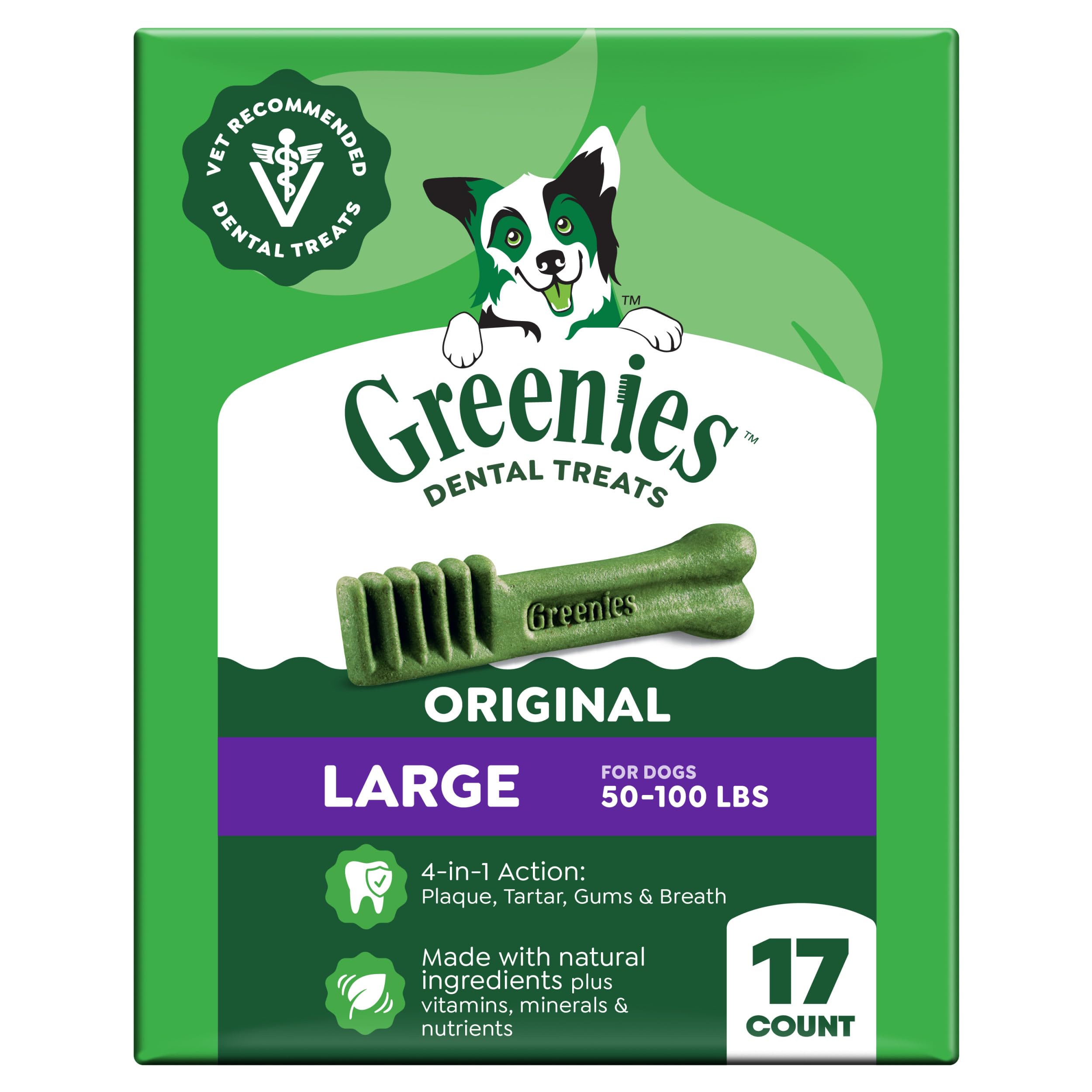 Greenies large-dog dental chews, original 27 oz pack, help clean teeth and freshen breath.