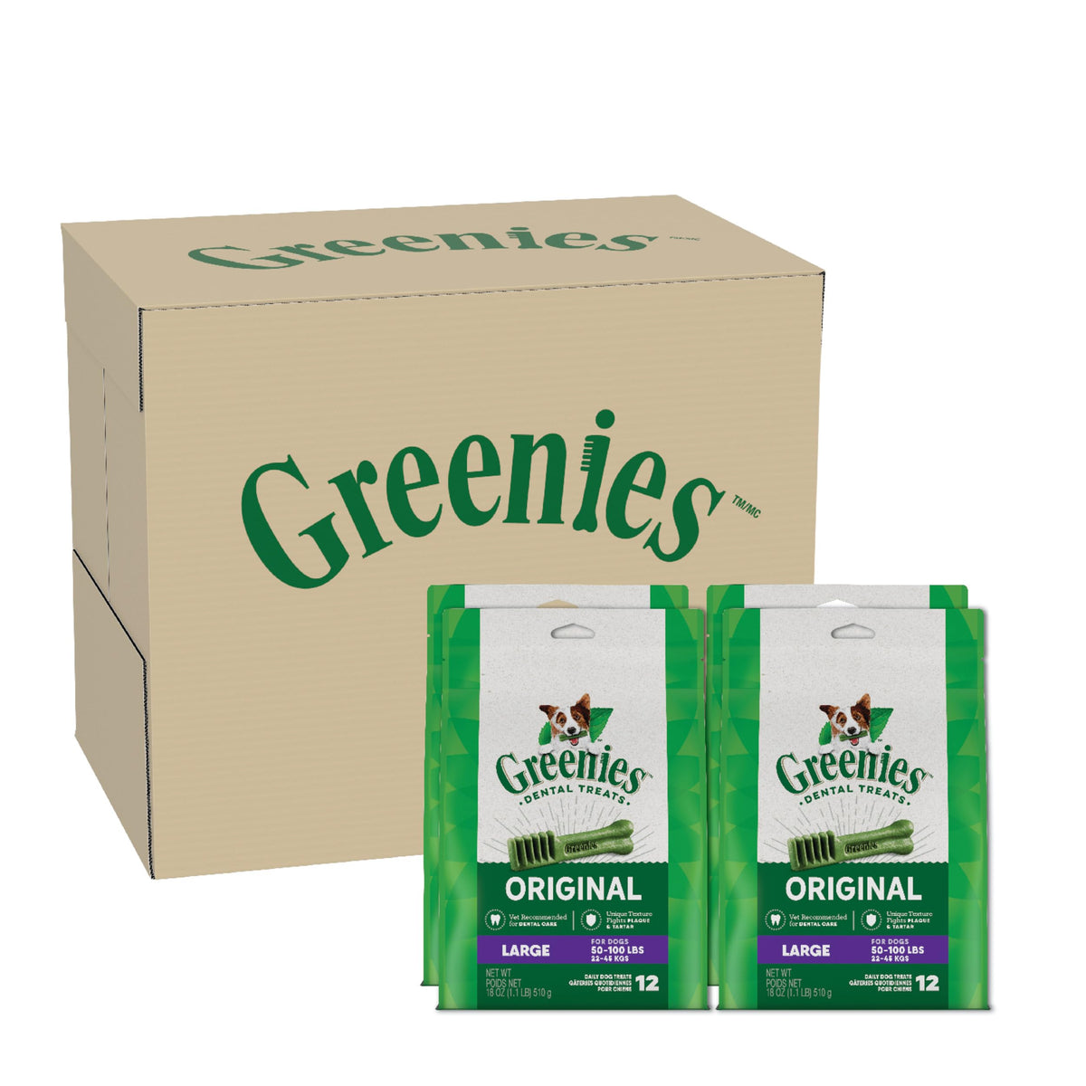 Greenies large dog dental chews original pack front; supports oral care for big breeds