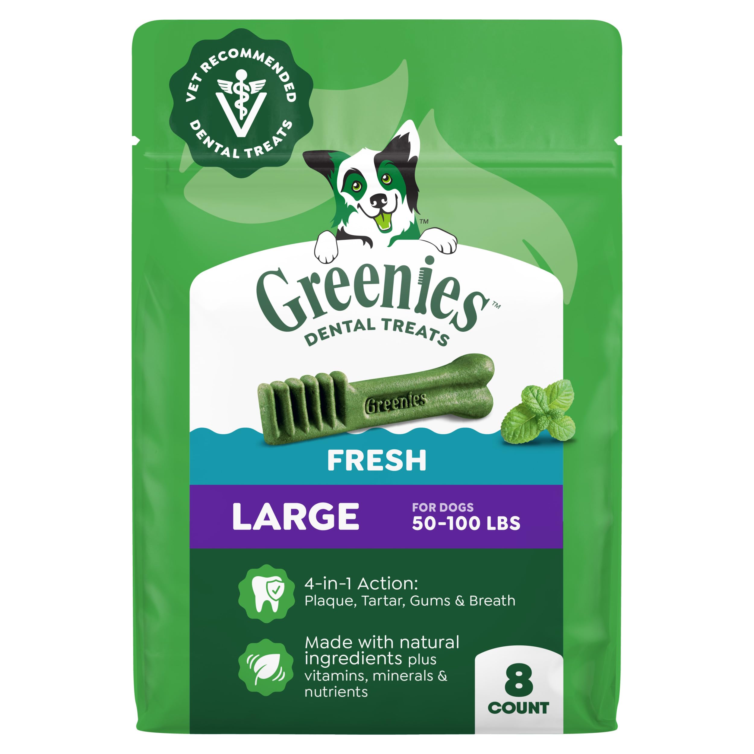 Greenies large mint dental treats pack 12oz for fresh breath.