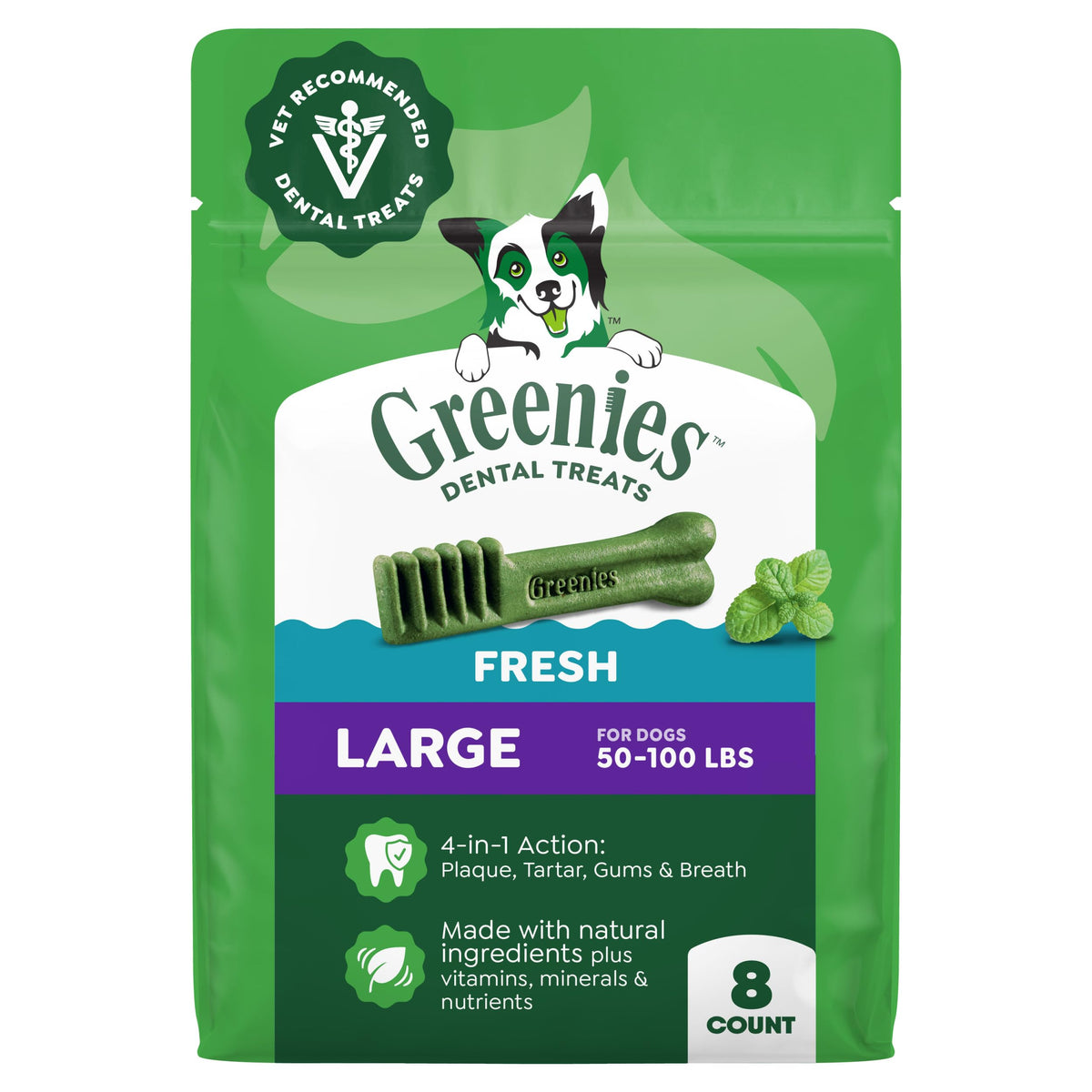 Greenies large mint dental treats pack 12oz for fresh breath.