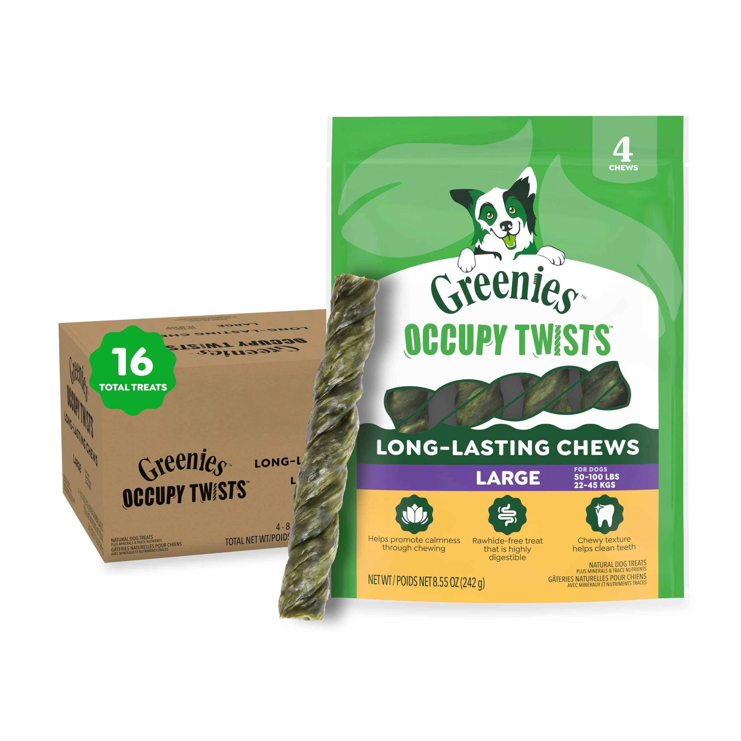 Greenies Occupy Twists pack front view promotes calm engagement through long-lasting chewing