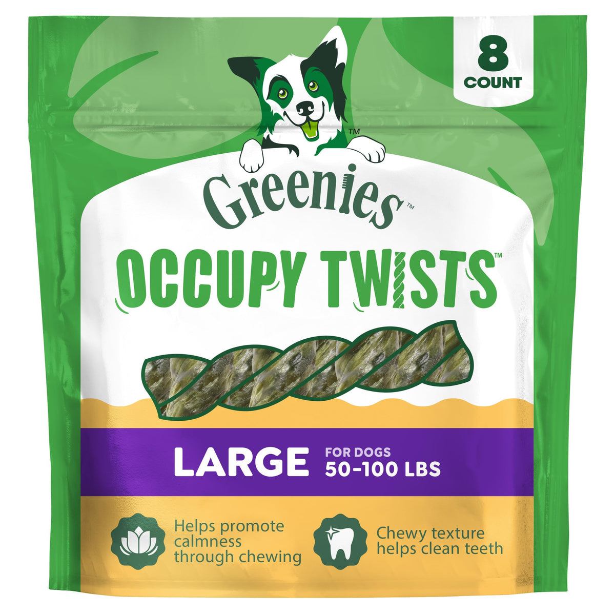 Greenies Occupy Twists pack shot for large dogs; long-lasting chicken chews.