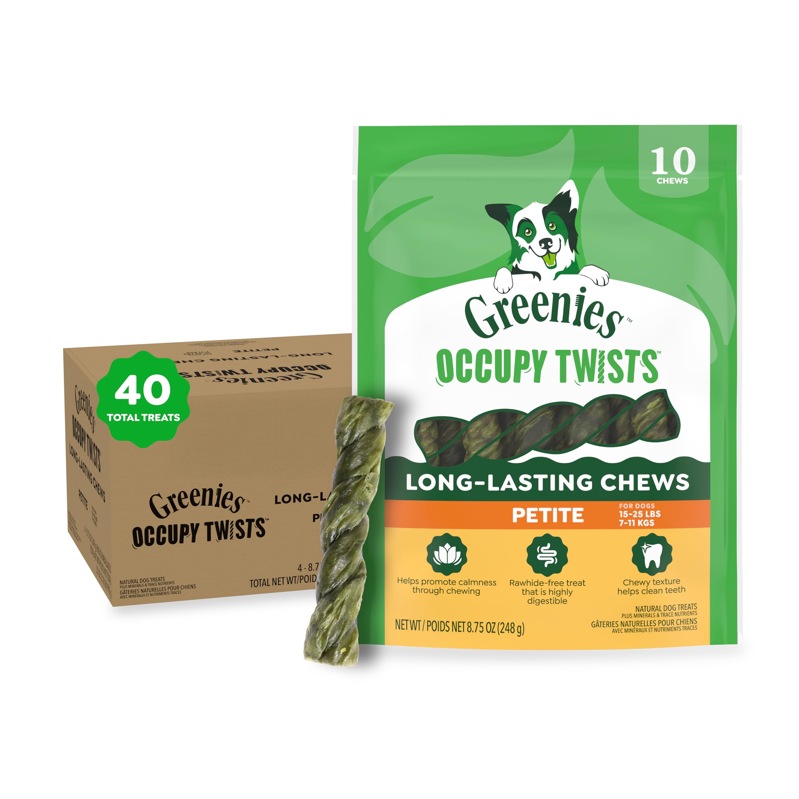 Greenies Occupy Twists petite pack shows long lasting chew for small dogs