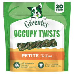 Greenies Occupy Twists petite pack, a chewy dental treat for small dogs that promotes calm chew-time.