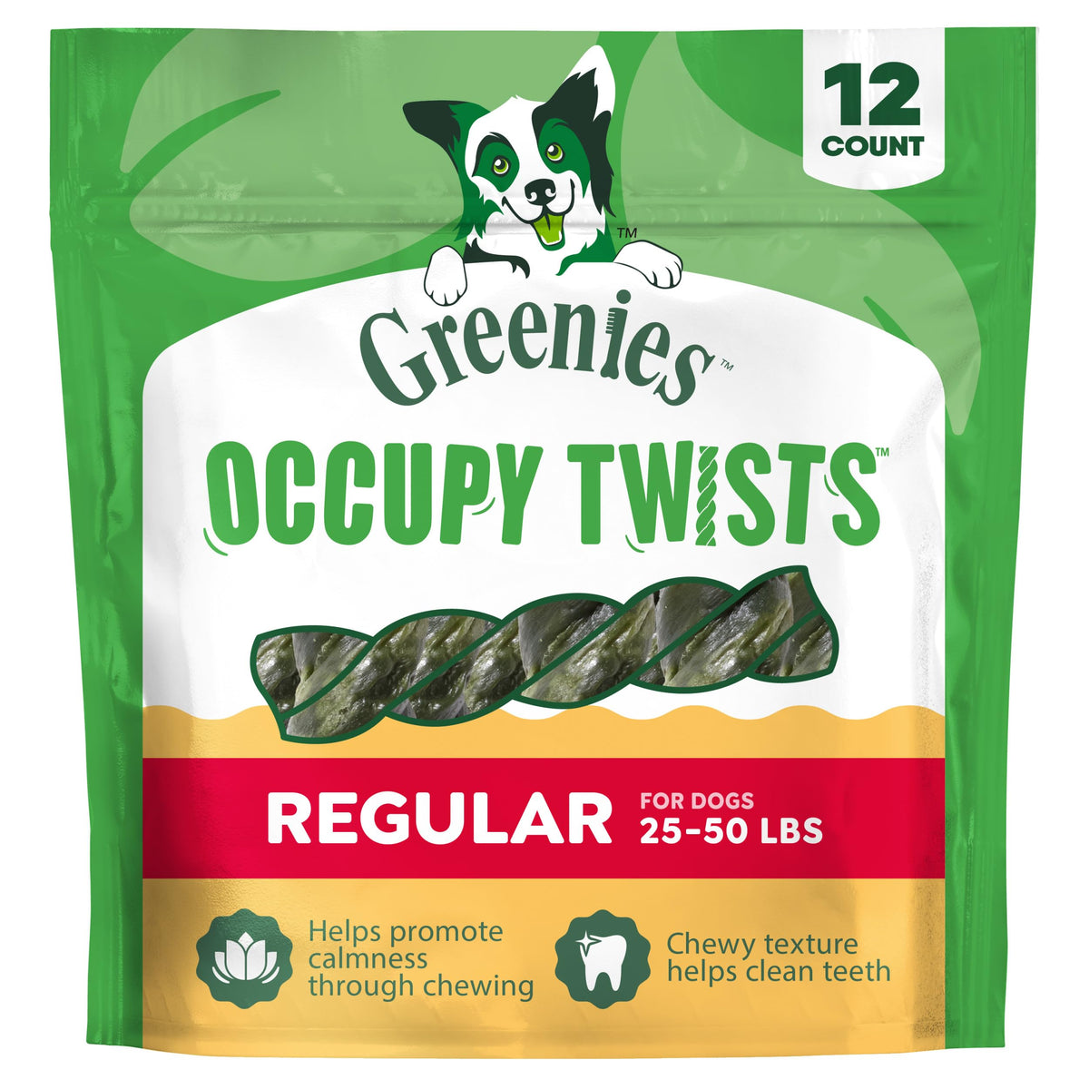 Greenies Occupy Twists real chicken chew for long-lasting engagement.