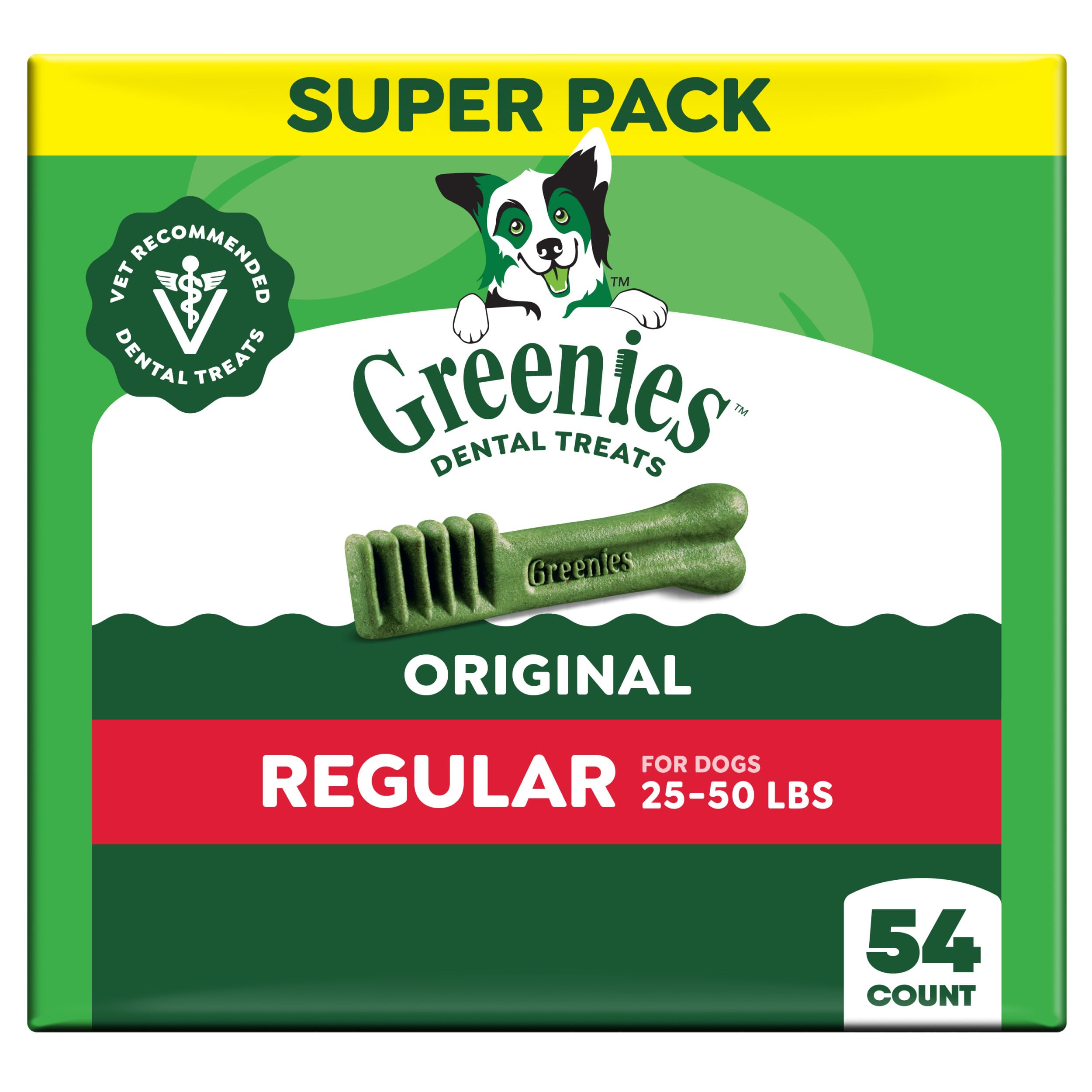 Greenies original dental chews pack showing label for daily dental care.