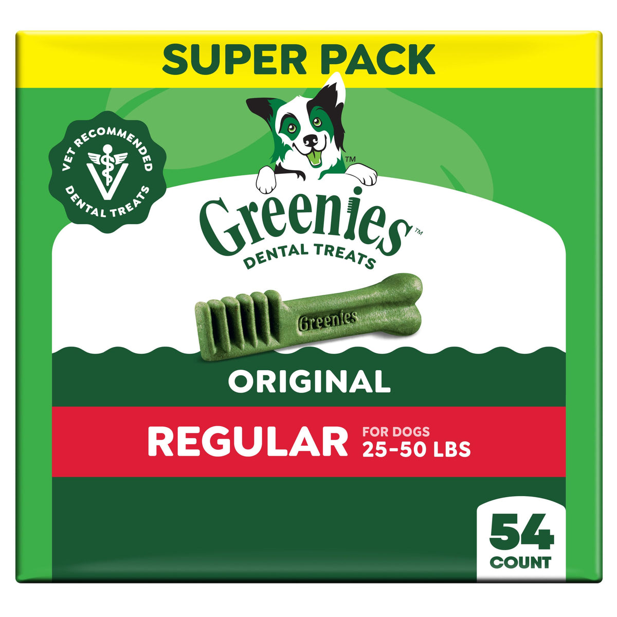 Greenies original dental chews pack showing label for daily dental care.