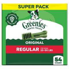 Greenies original dental chews pack showing label for daily dental care.