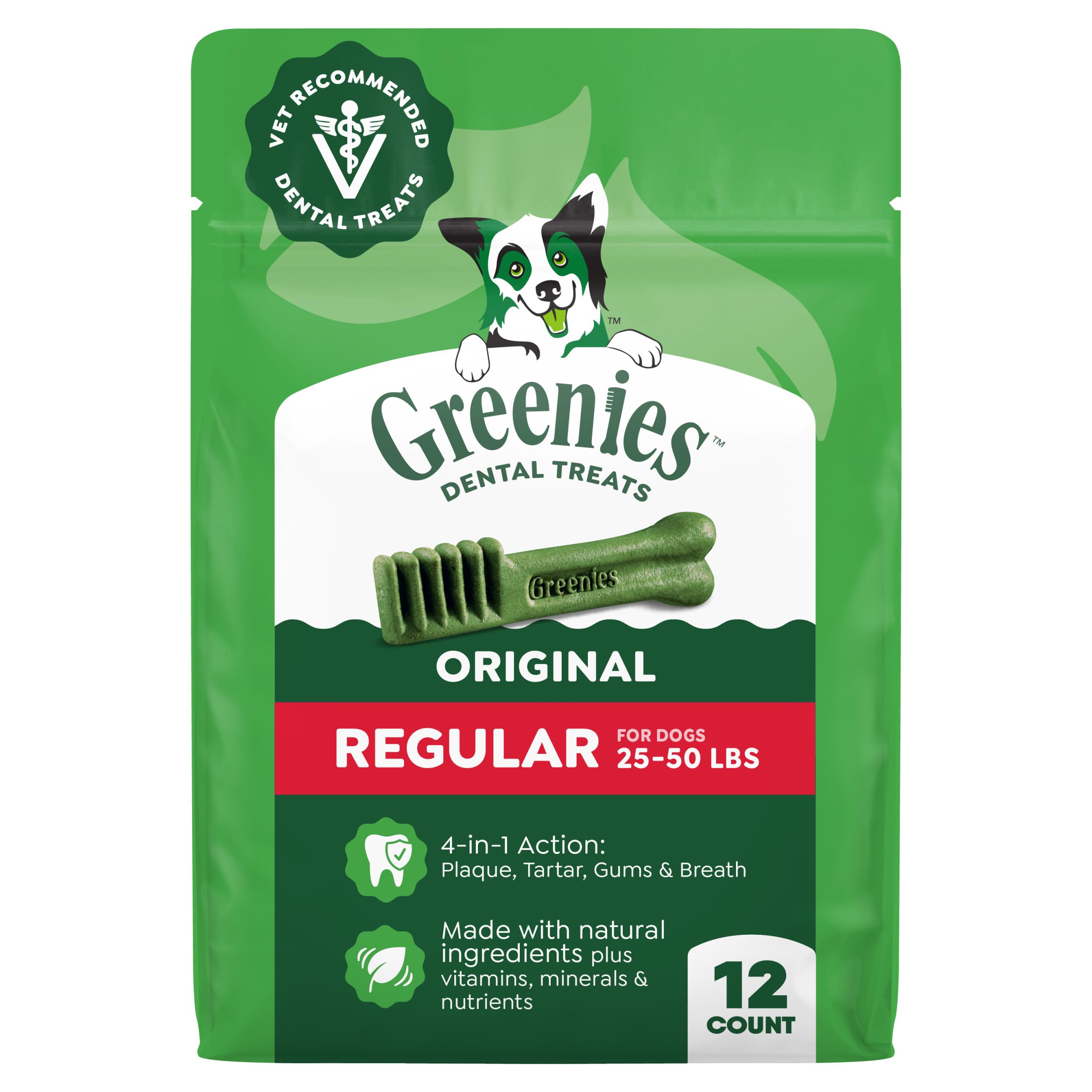 Greenies original dental chews regular pack front view for easy dental care