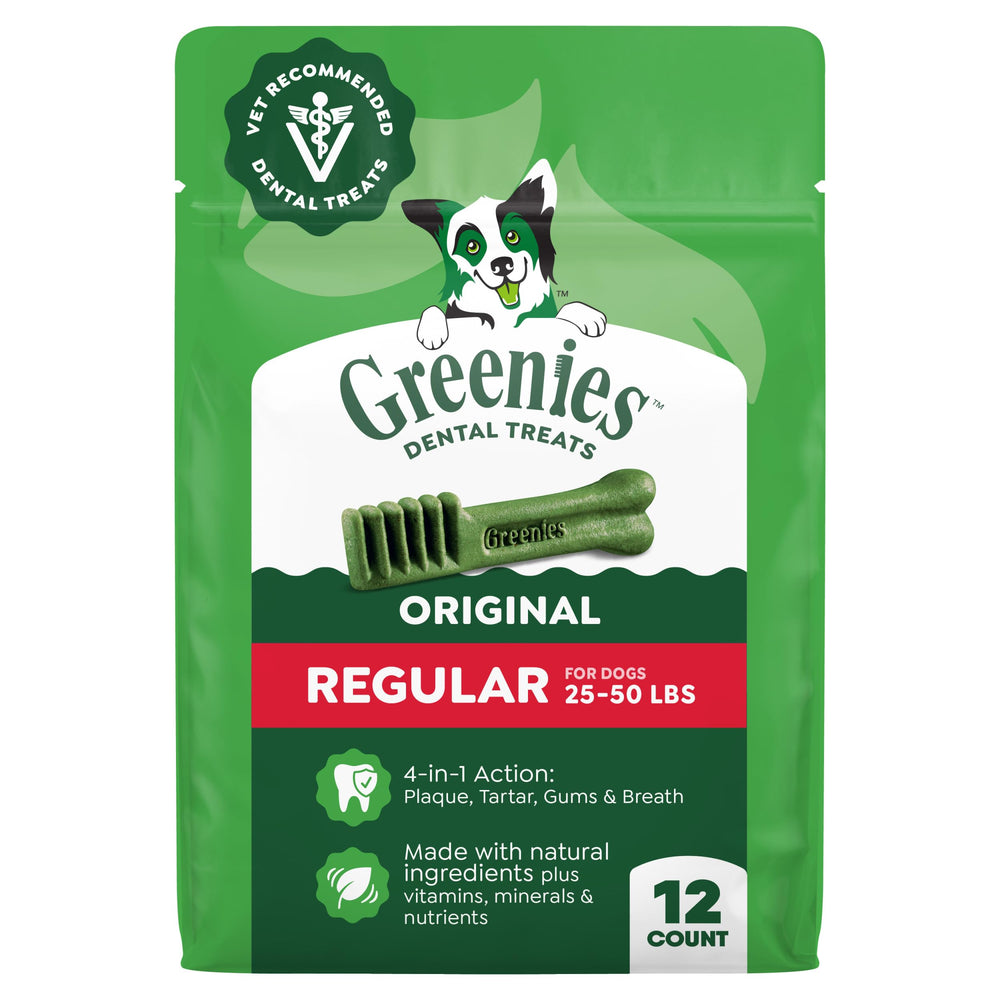 Greenies original dental chews regular pack front view for easy dental care