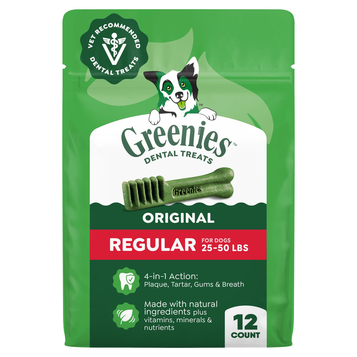 Greenies original dental chews regular pack front view for easy dental care