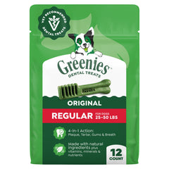 Greenies original dental chews regular pack front view for easy dental care