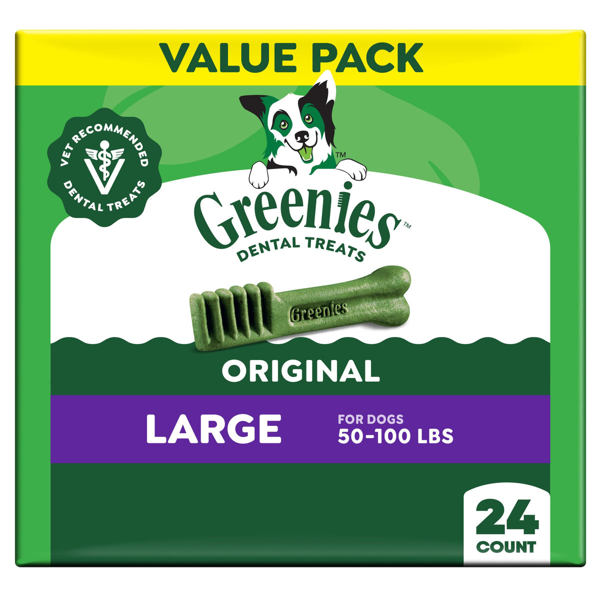 Greenies large original packaging 36oz for daily dental care.