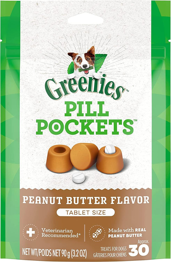 Greenies peanut butter pill-pocket pack ready for easy pet medication.