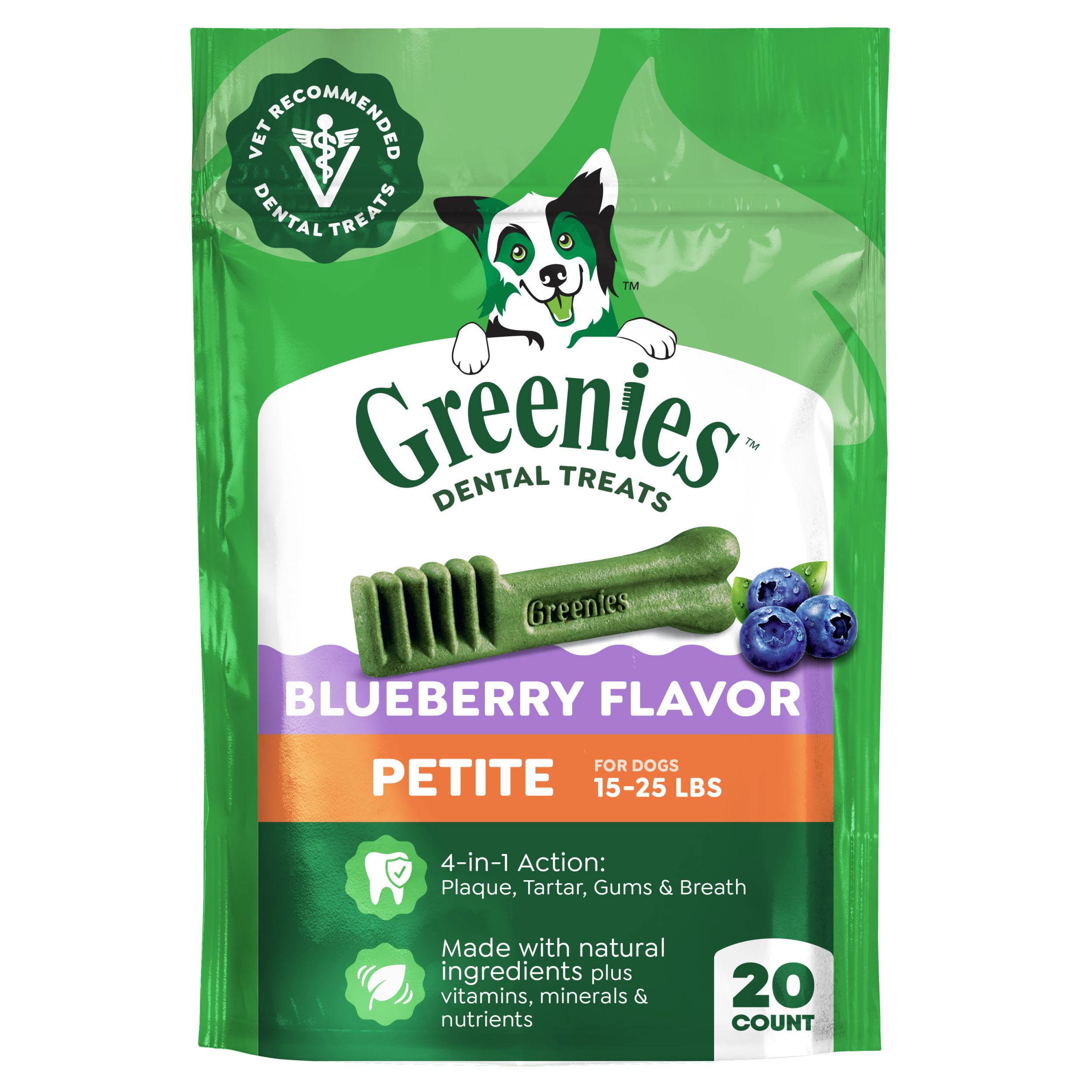 Greenies Petite Blueberry dental treats pack shot promote oral care for small to medium dogs.