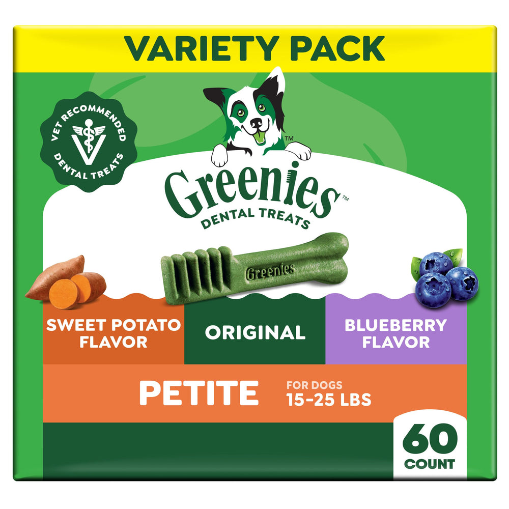 Greenies Petite dental treats front-pack display for easy daily dental care.