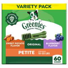 Greenies Petite dental treats front-pack display for easy daily dental care.