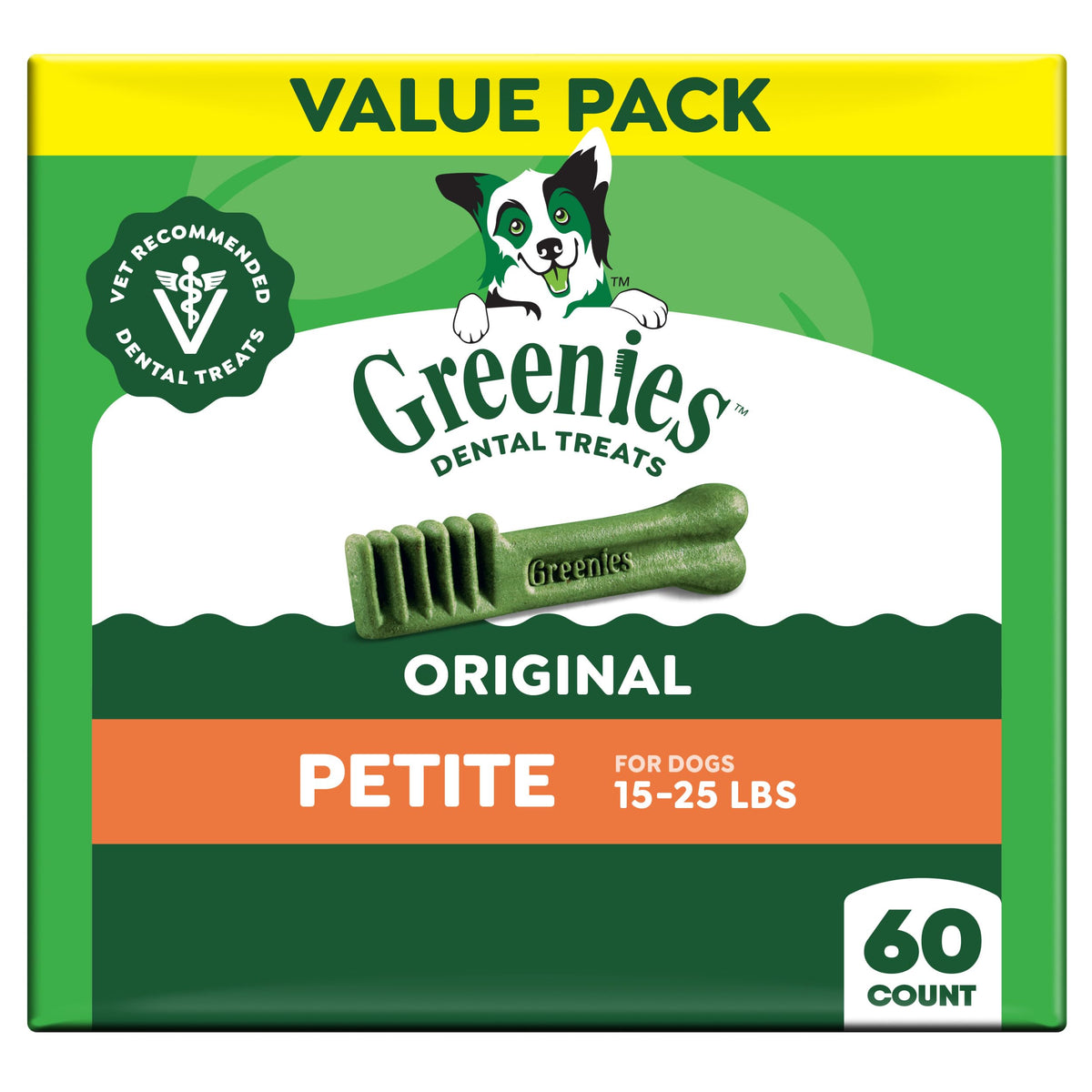 Greenies petite dental treats pack for small dogs with breath-freshening benefits.